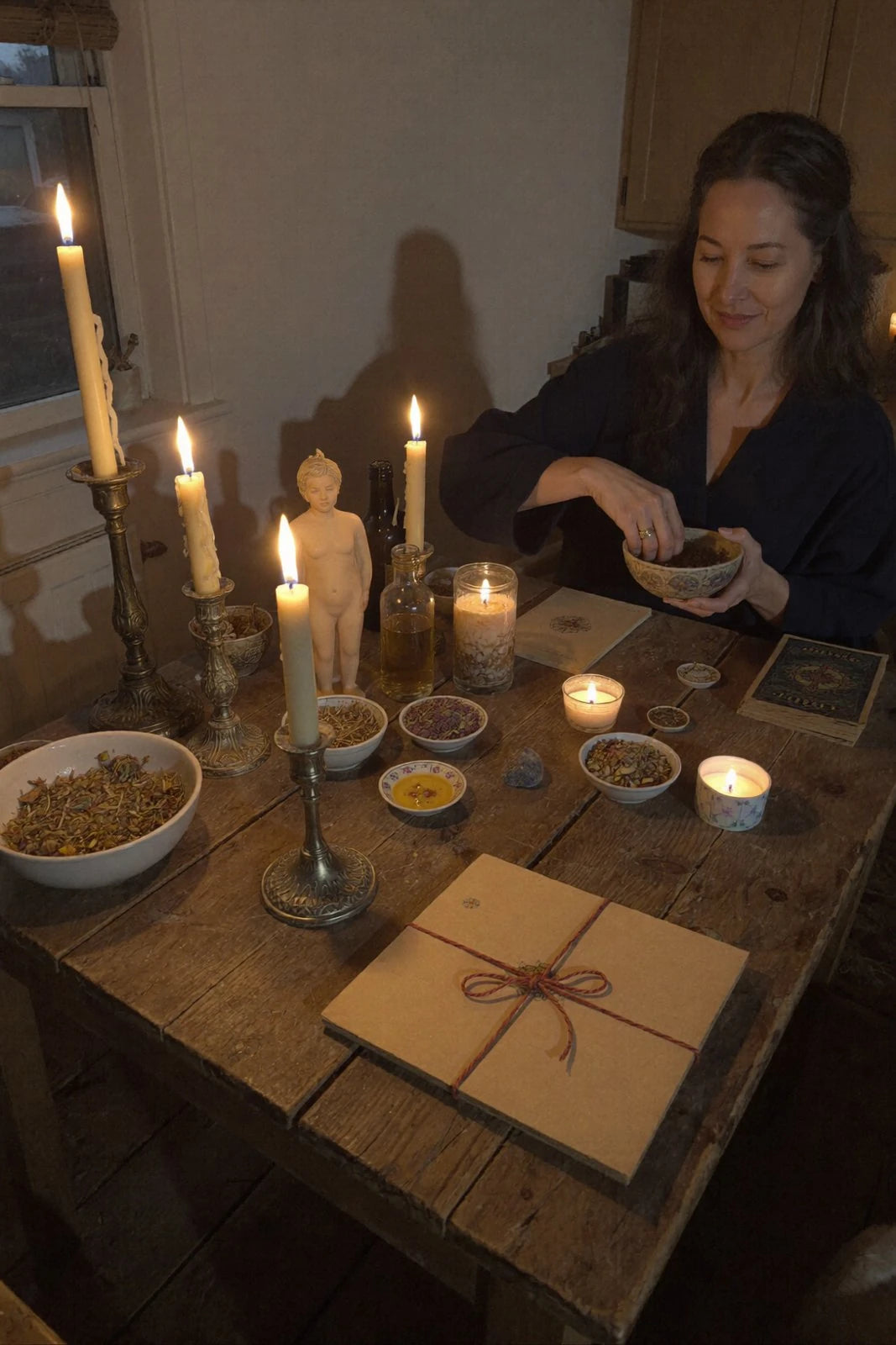 Zora preparing a working at her altar, wrapped case parcel tied with cord