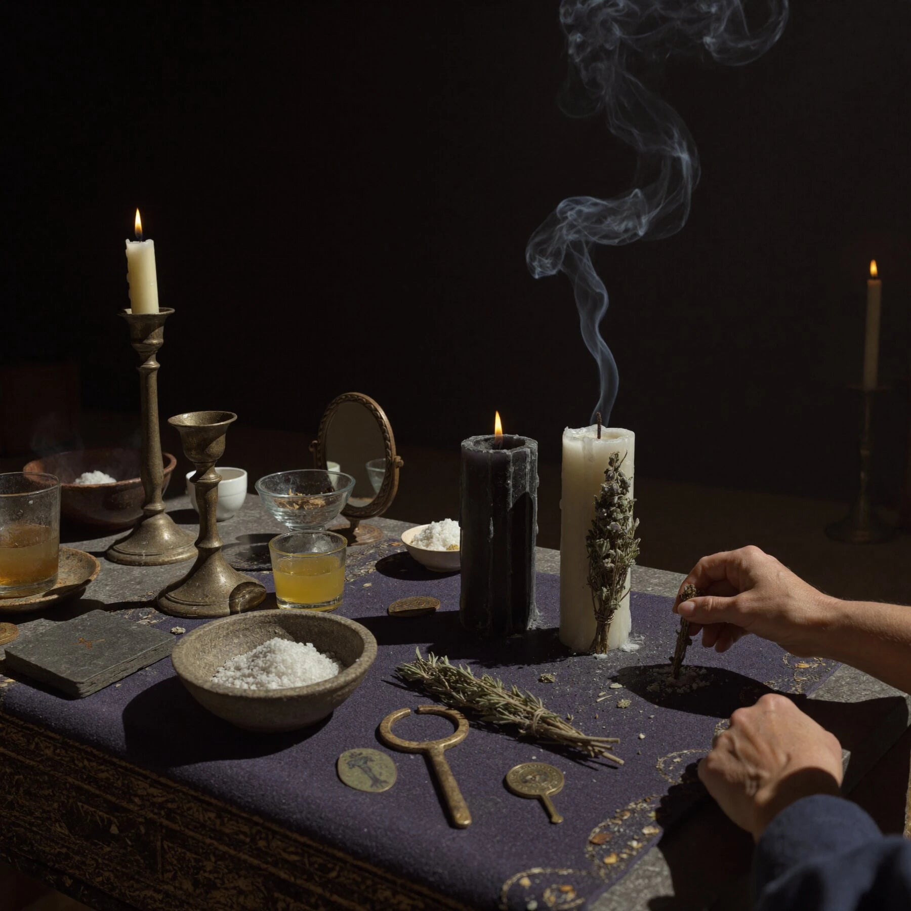 Zora's candlelit working table with herbs, oils, salt, candles, and ritual tools