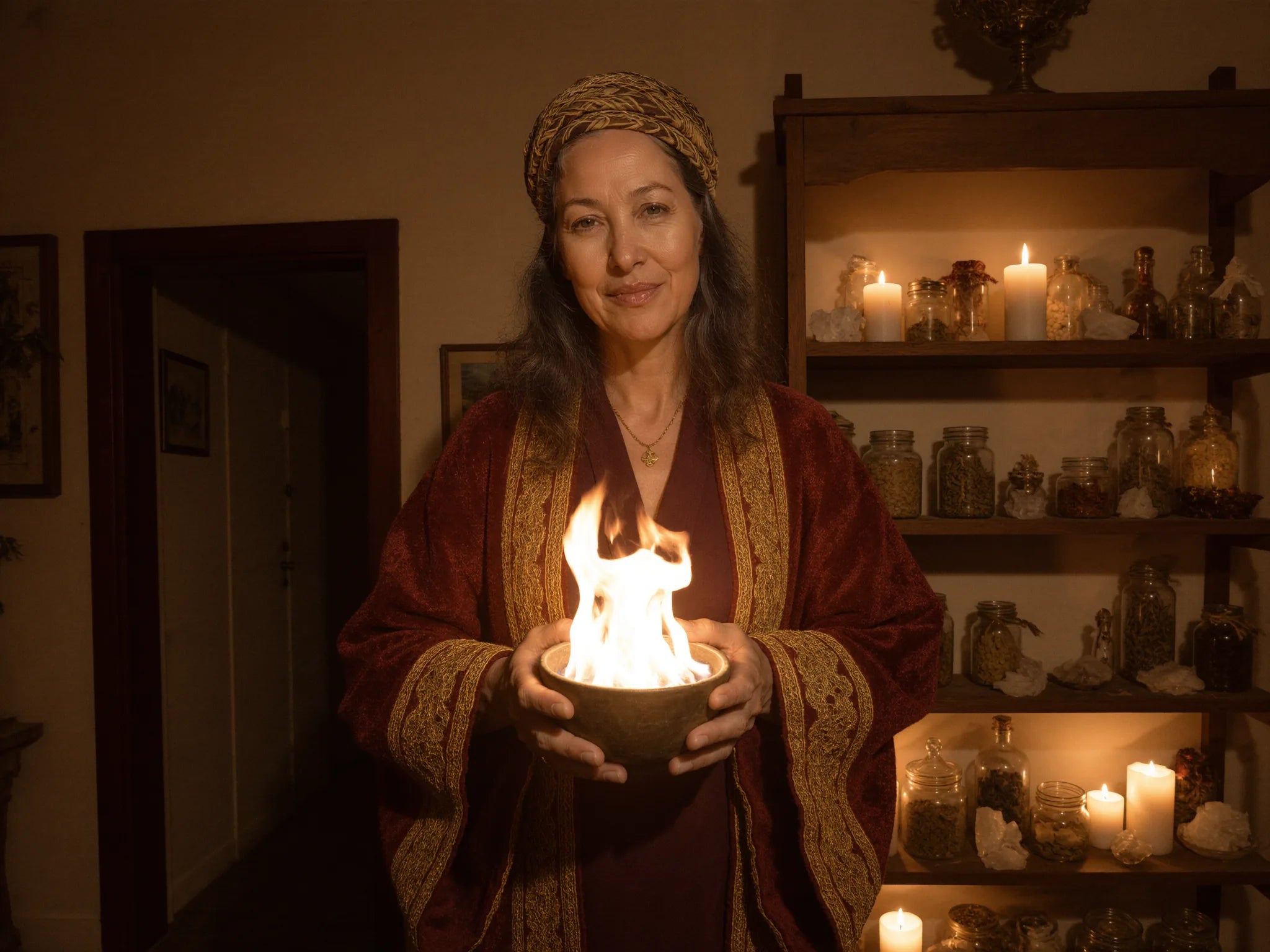 Zora holding a ritual flame bowl in her apothecary