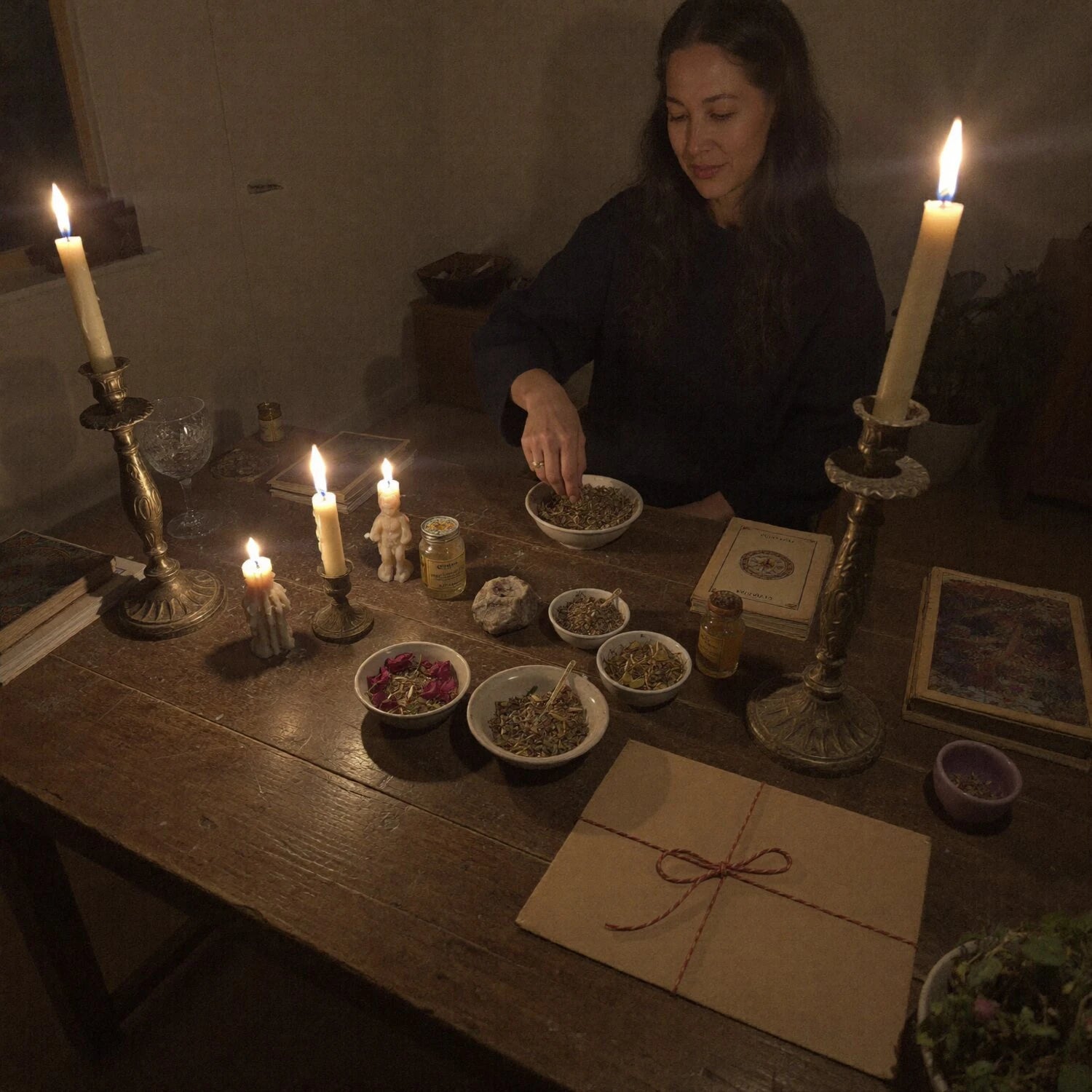 Zora preparing herbs by candlelight at her working table