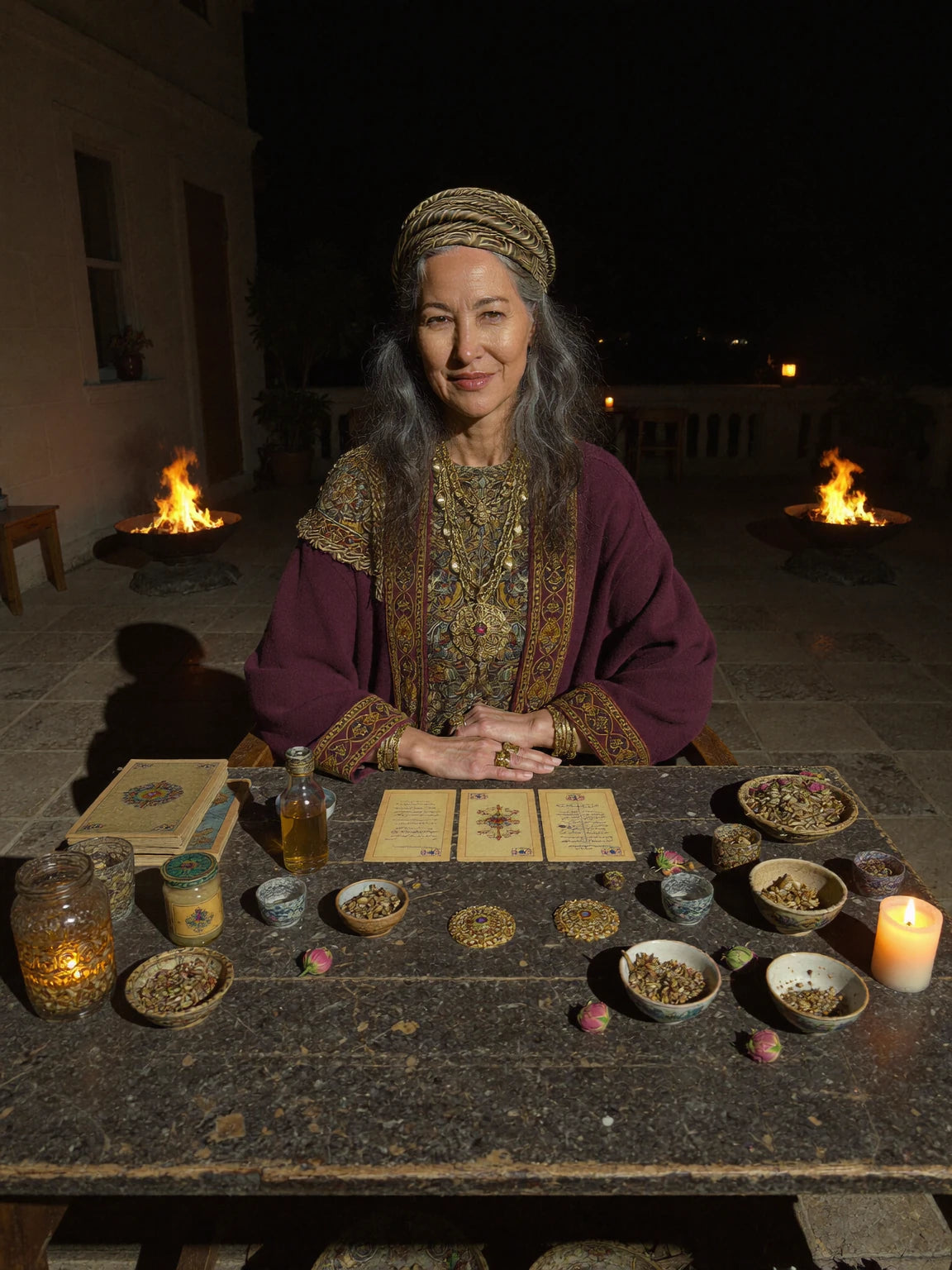 Zora seated behind a ritual table with hands raised over a burning offering bowl