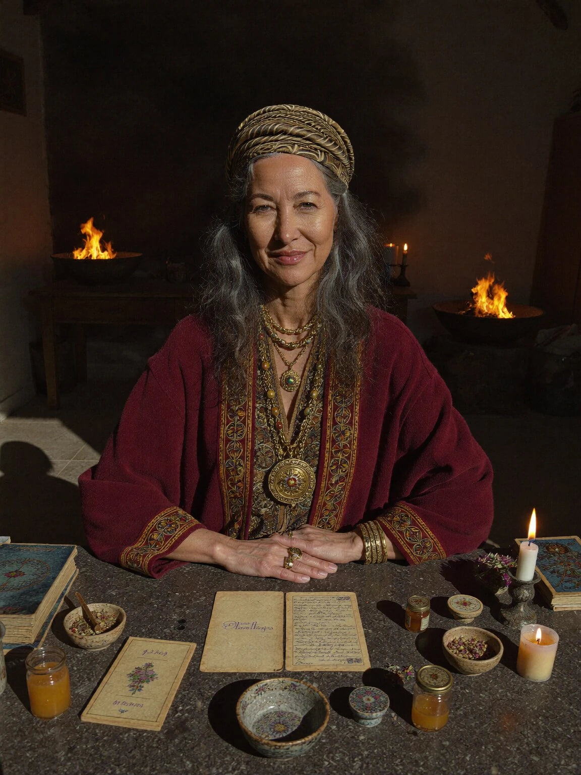 Zora seated at her candlelit working table with herbs, handwritten petitions, and ritual tools