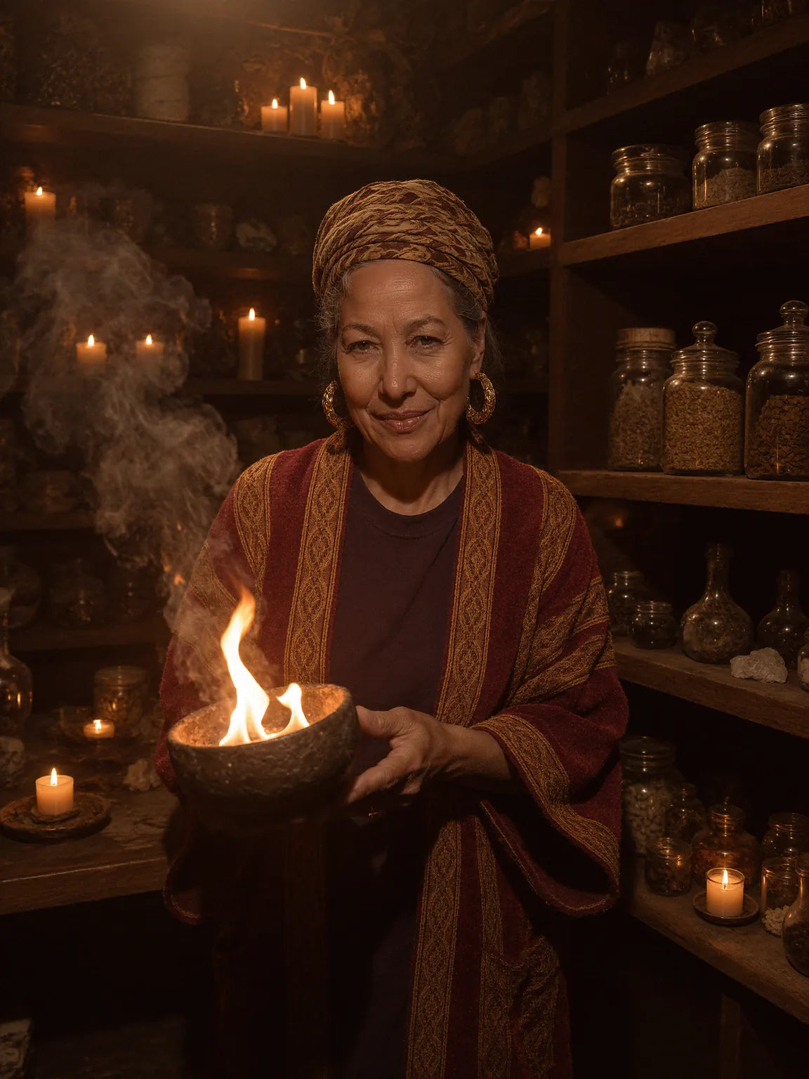 Zora seated behind a ritual table with hands raised over a burning offering bowl